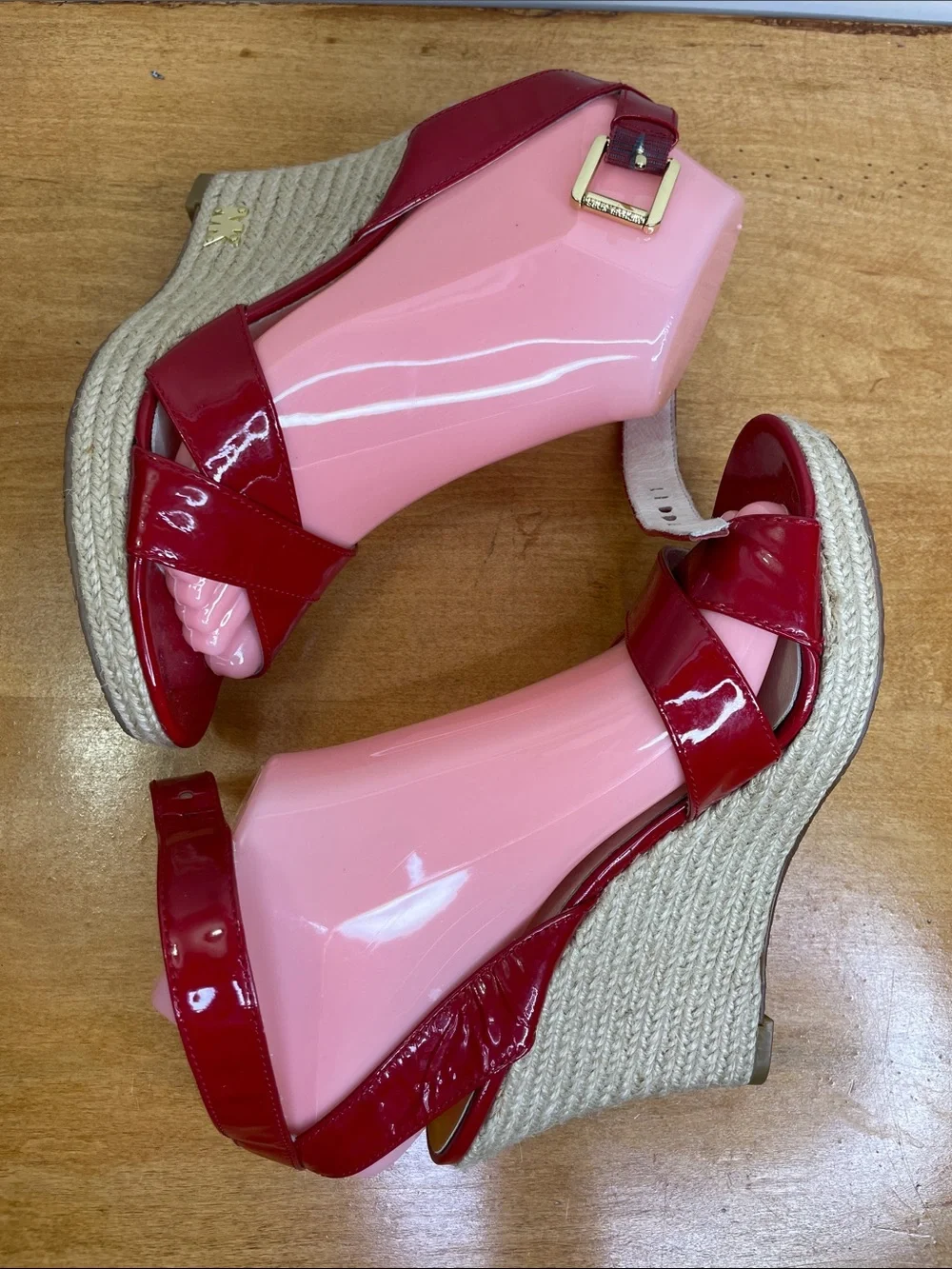 Michael Kors Red Patent Espadrille Wedge Sandals with Gold Buckle. Size 6.5